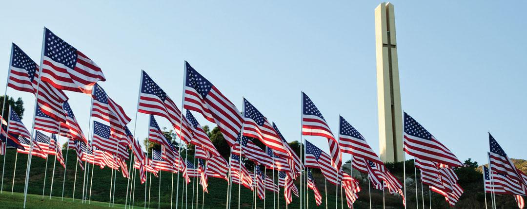 American flags on the lawn with the theme tower in the background.
